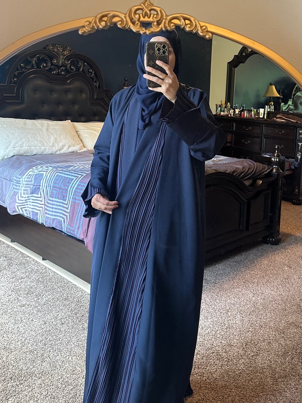 Navy Women's Pleated Abaya - Classic Modest Outerwear